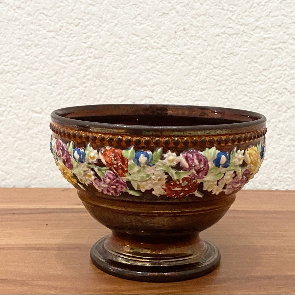 19th Century British Hand Enamelled Relief Molded Floral Band Copper Luster Bowl